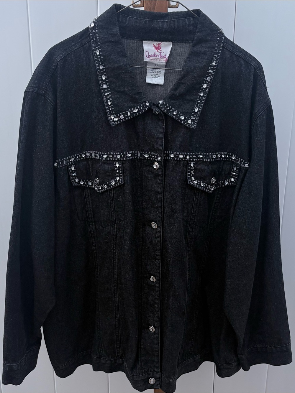 Quacker Factory black acid washed rhinestone embellished Jean jacket 3X